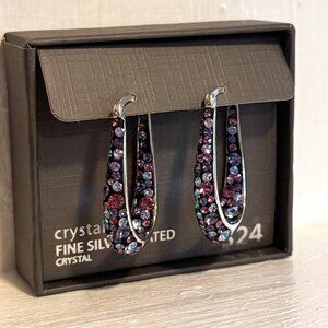 Crystal Oval Shape Hoop Earrings - Silver Plated